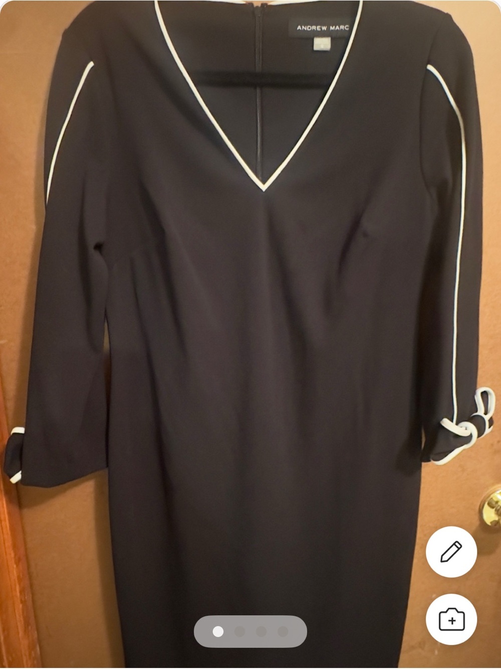 Andrew Marc Black Long-Sleeve V-Neck Shift Dress with White Trim